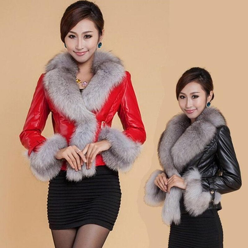 Best-selling Autumn Winter Jacket Woman Fur Coat Fashion Fox Fur Collar Women Coat Slim Short PU Leather Coat GO buy