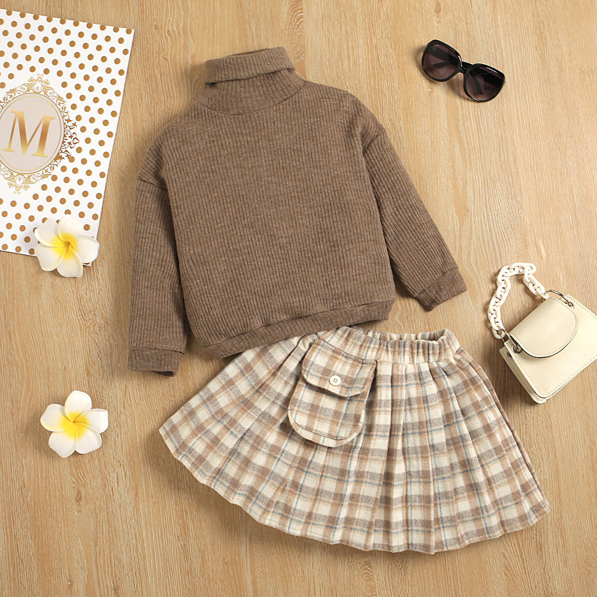 Sweater Knitted Bottoming Shirt Plaid Skirt Two Piece Set GO buy
