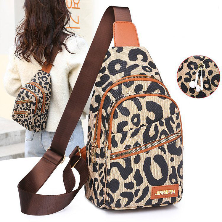 Leopard Print Sling Chest Bag With Headphone Jack Crossbody Backpack Shoulder Bag Women GO Buy