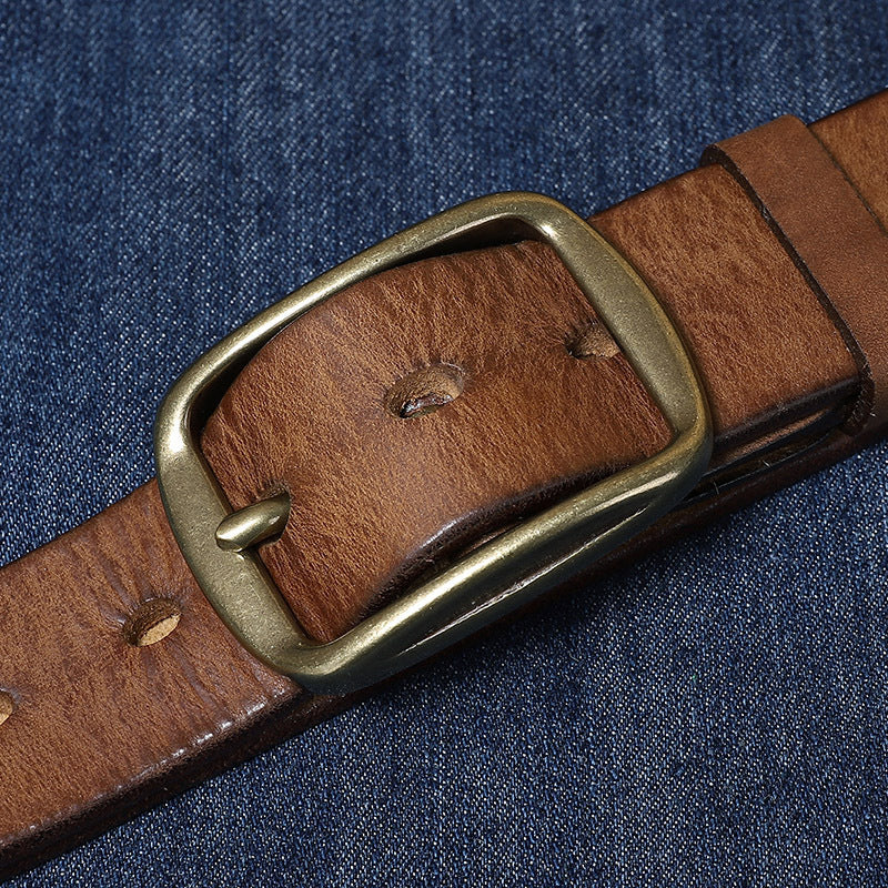 Thick Pure Copper Pin Buckle Male Genuine Cattlehide Leather Surface Retro Belt GO Buy