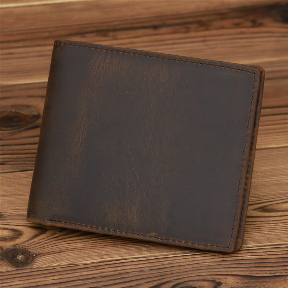Leather Hand-stitched Short Wallet Crazy Horse Leather Cowhide Retro GO Buy