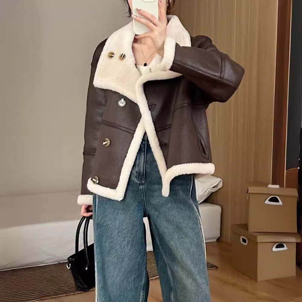 Eco-leather Inner Wool Grain Leather Grass Coat GO buy