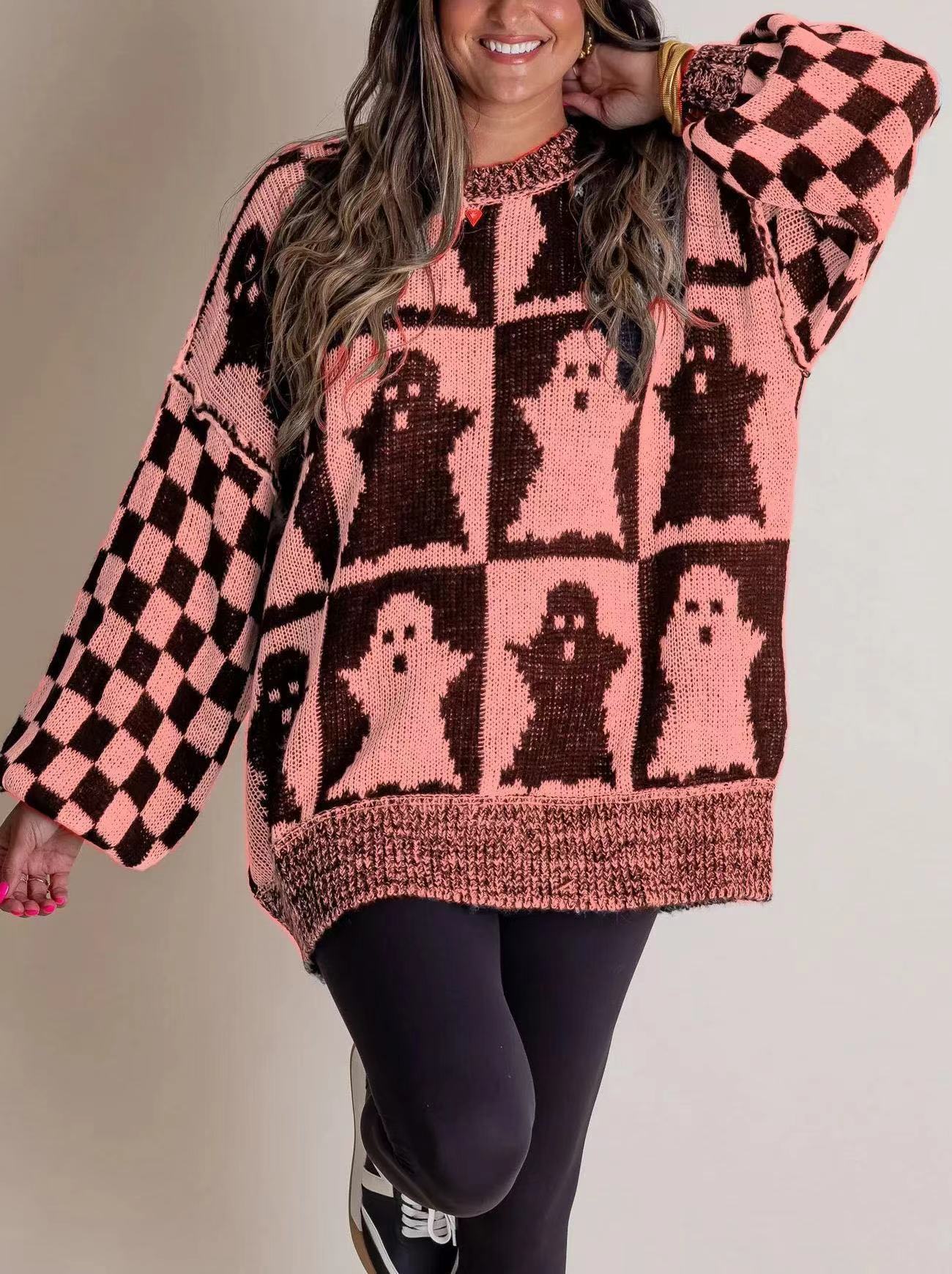 Halloween Cartoon Pumpkin Ghost Sweater Winter Loose Pullover Knitted Top Fashion Women's Clothing GO buy