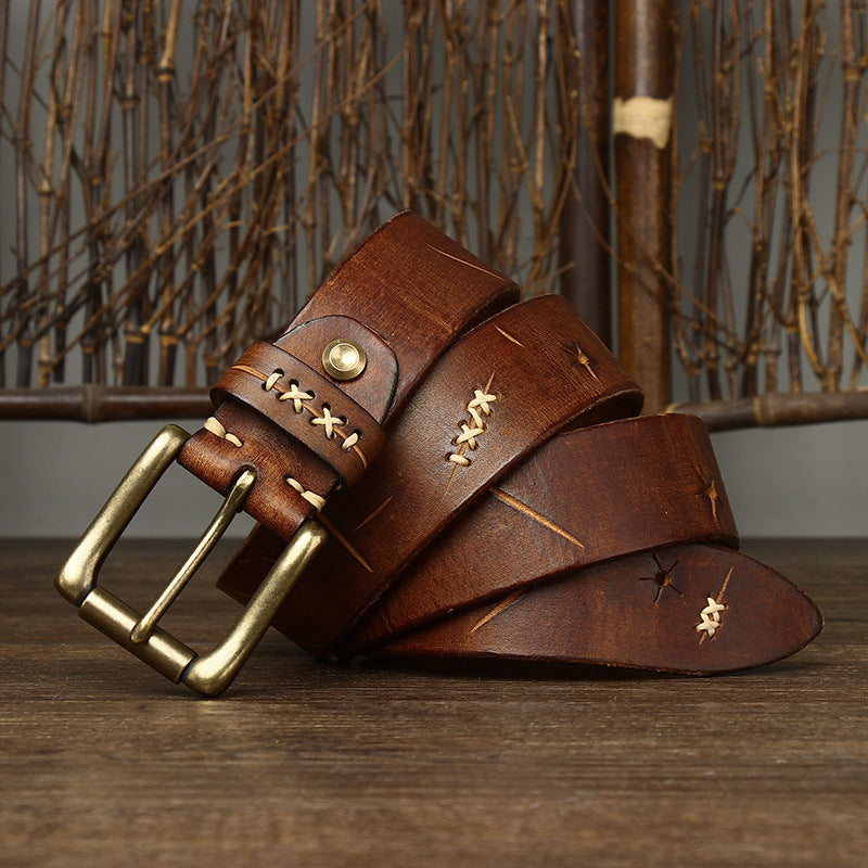 Washed-out Vintage First Layer Cow Leather Pin Buckle Jeans Belt GO Buy