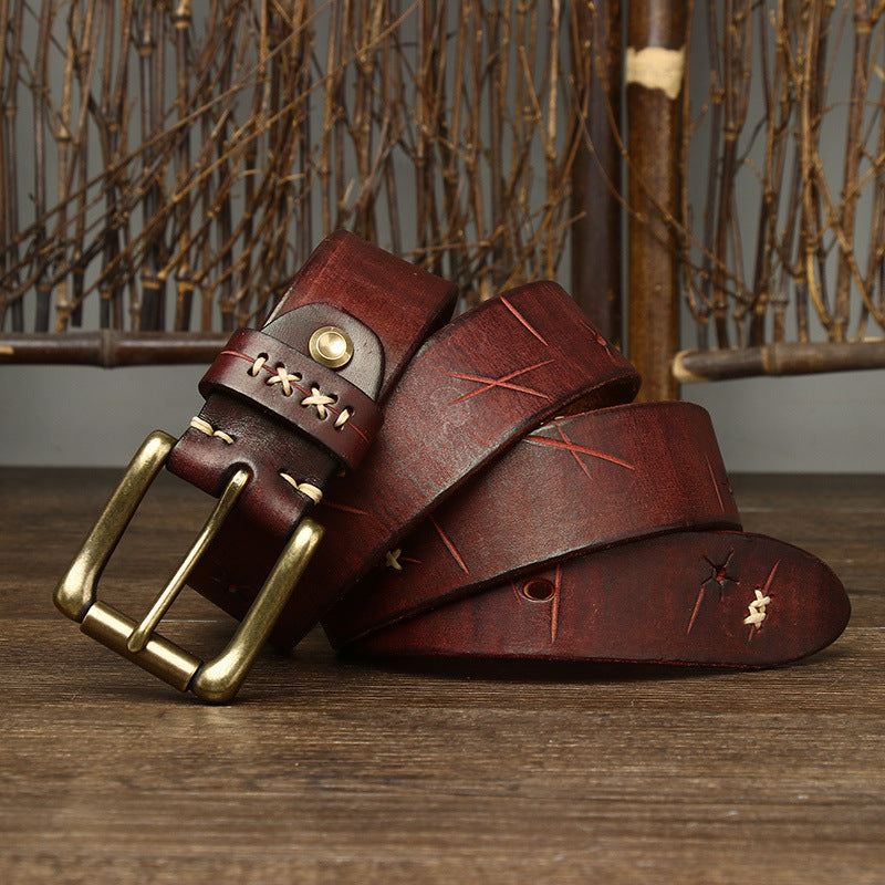 Washed-out Vintage First Layer Cow Leather Pin Buckle Jeans Belt GO Buy