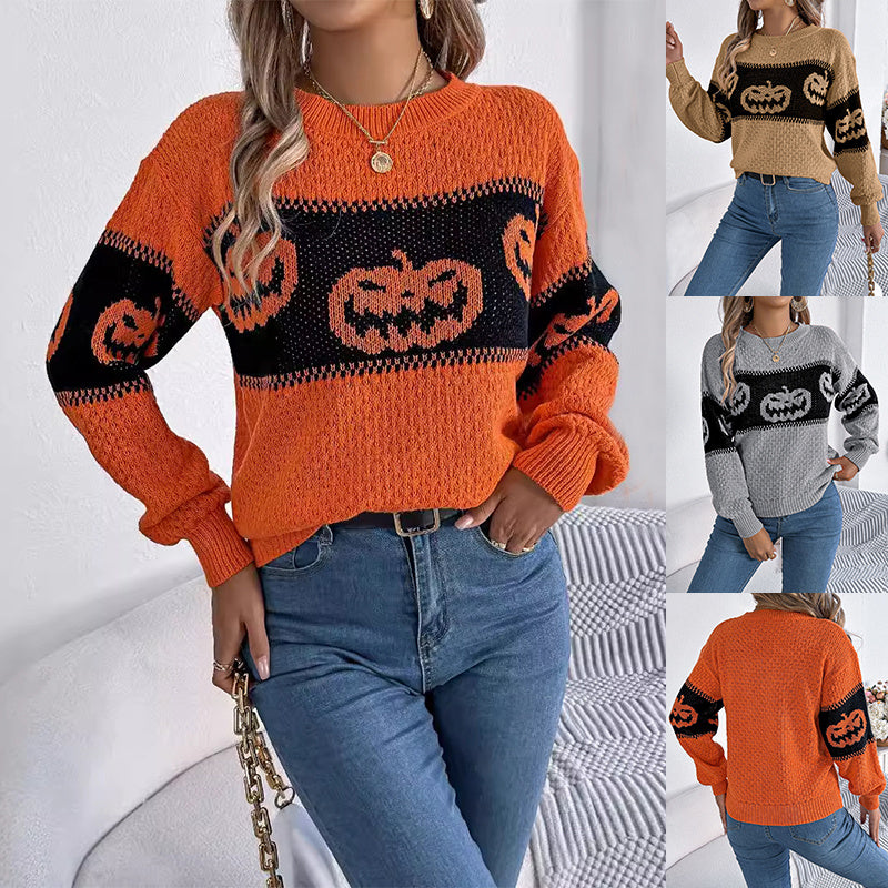 Halloween Pumpkin Pullover Sweater Fashion Long Sleeve Knitted Tops For Women Clothing GO buy