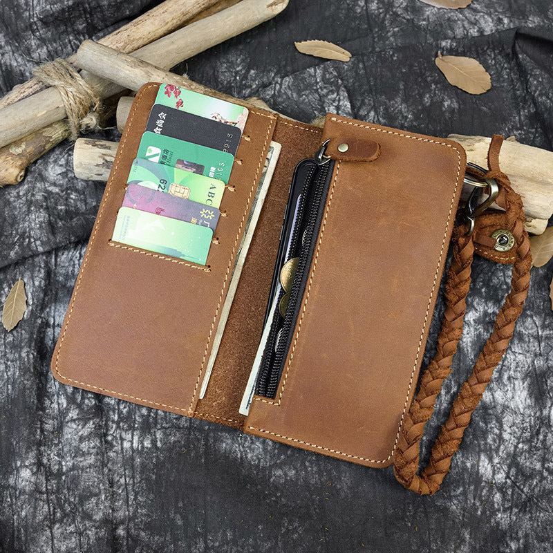 Retro Crazy Horse Leather Long Wallet Men's Buckle Leather Woven Belt Men's Outing Clutch GO Buy