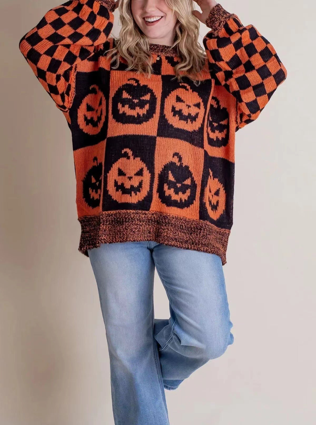 Halloween Cartoon Pumpkin Ghost Sweater Winter Loose Pullover Knitted Top Fashion Women's Clothing GO buy