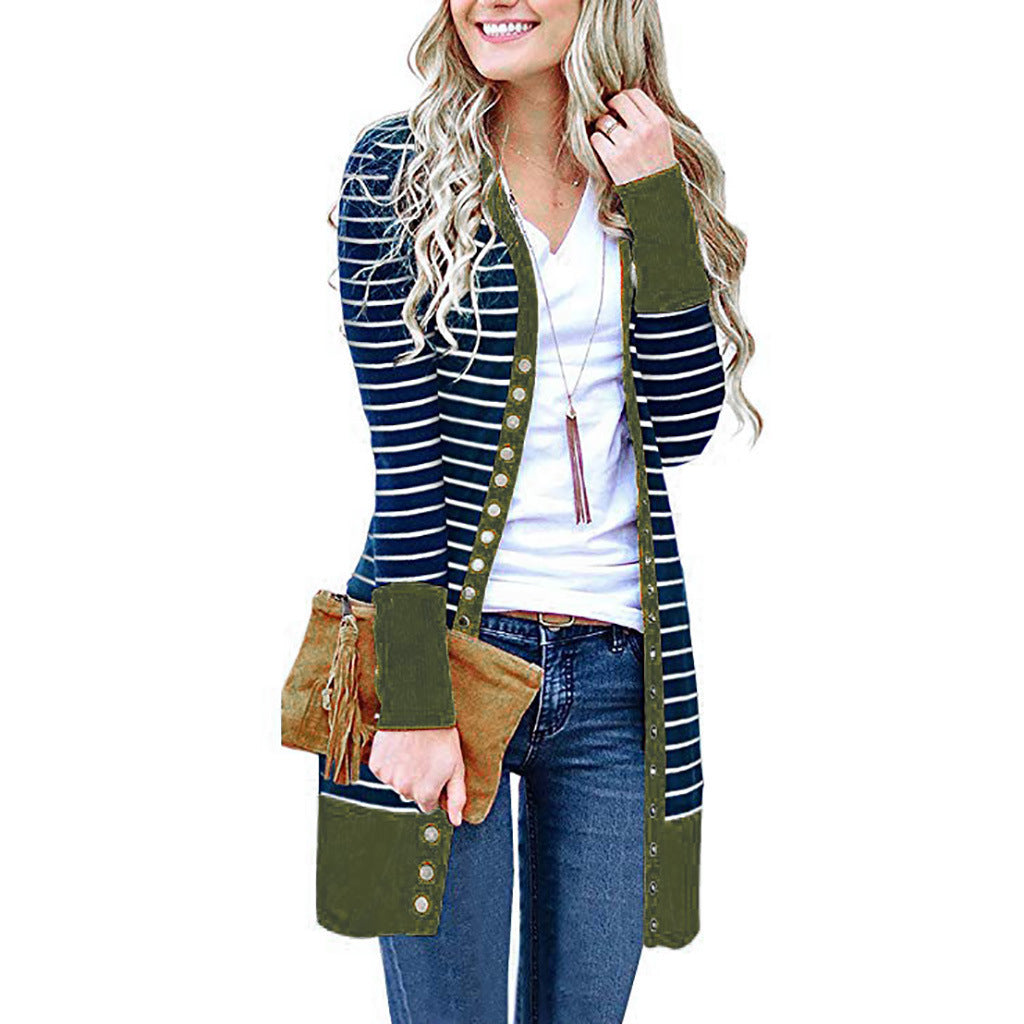 Autumn And Winter Plus Size Women's Fashionable Mid-length Button Striped Cardigan Gobuy Fashion