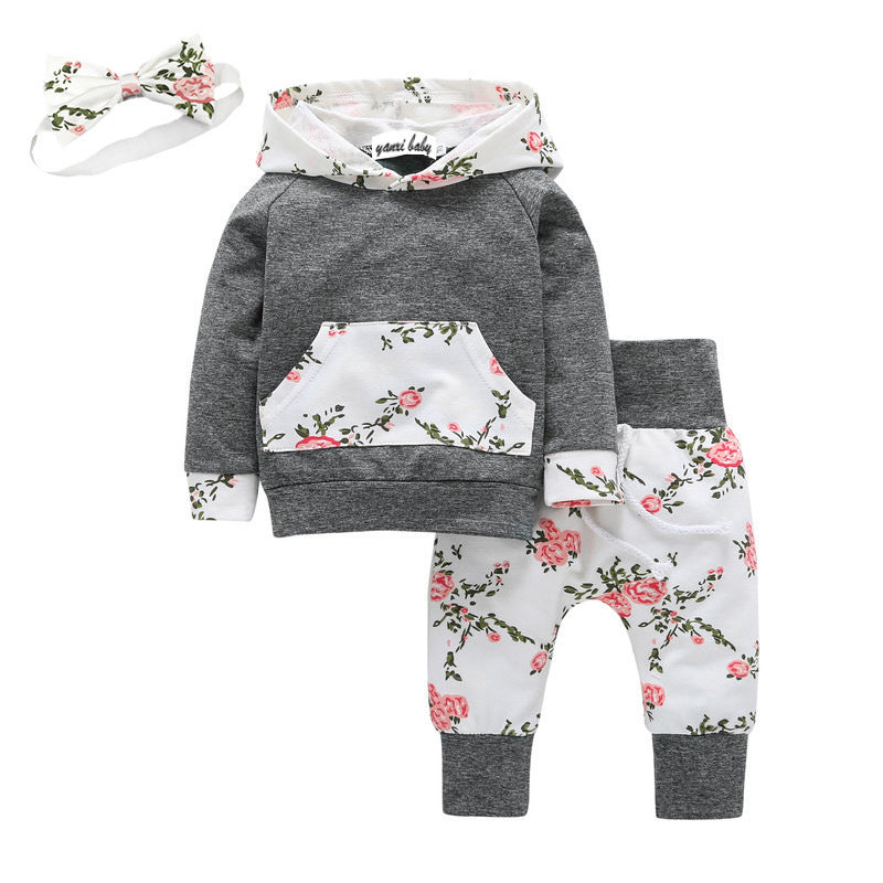 Lucia Floral Hoodie Set Long Sleeve Fashion Hooded Floral European And American Baby Boys Three-Piece Set GO buy