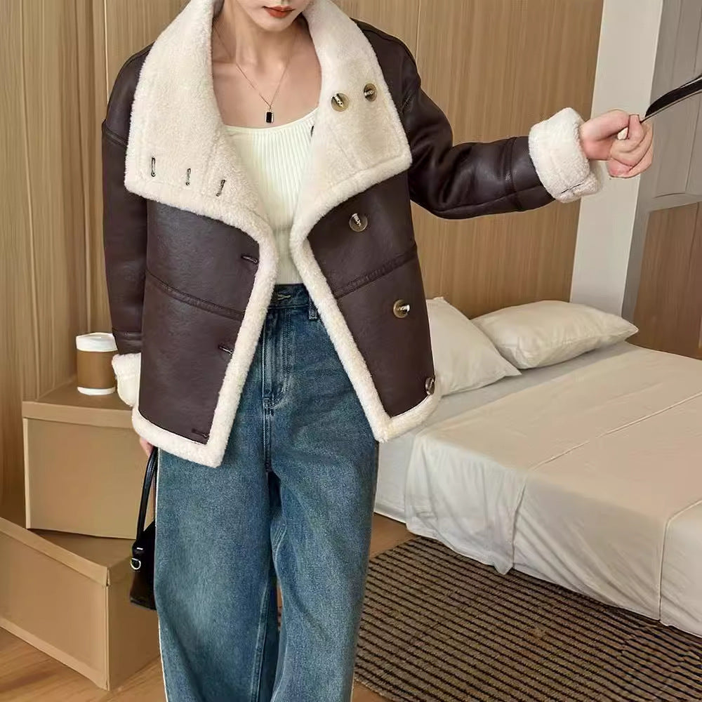 Eco-leather Inner Wool Grain Leather Grass Coat GO buy