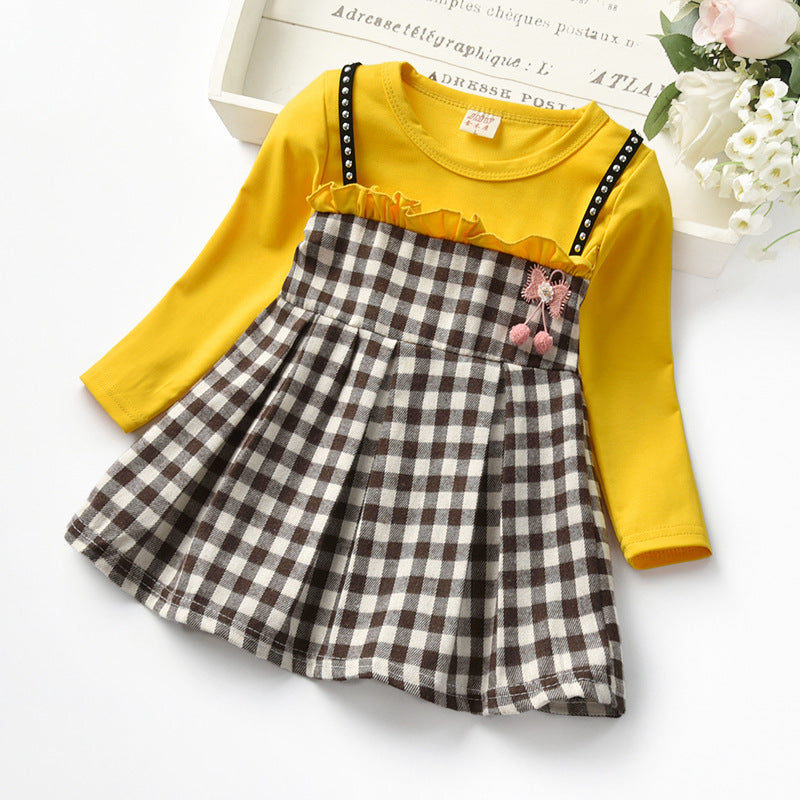 Factory Autumn Rivet Plaid Long Sleeve Children Girl Dress Girl Fake Two-piece Lace Princess Dress GO buy