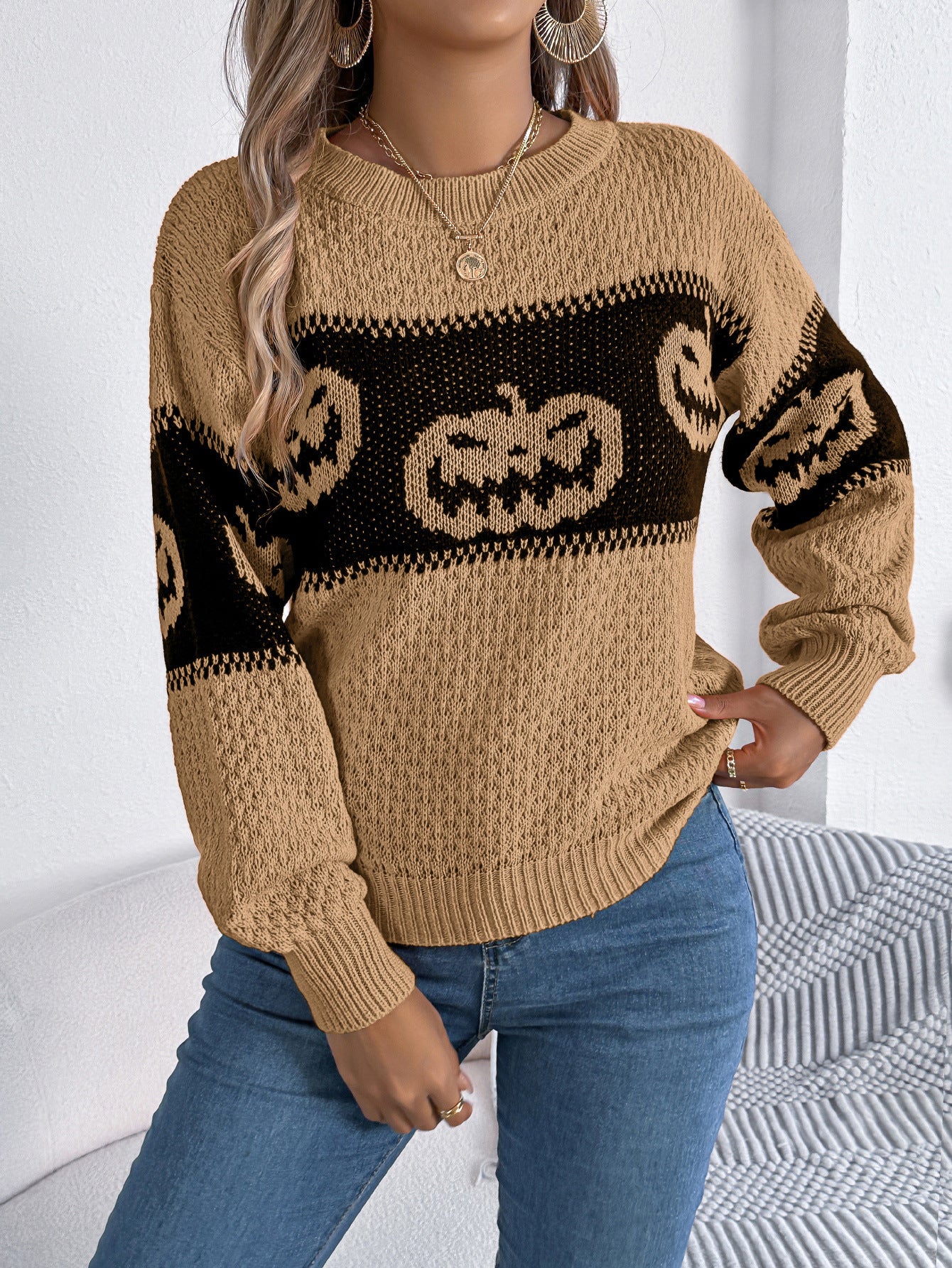 Halloween Pumpkin Pullover Sweater Fashion Long Sleeve Knitted Tops For Women Clothing GO buy