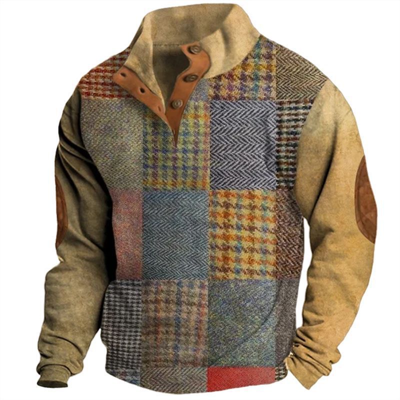 Retro Digital Printing Button Henry Collar Long Sleeve GO Buy