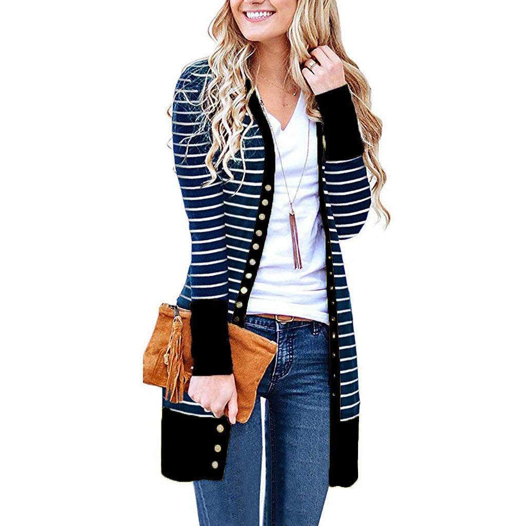 Autumn And Winter Plus Size Women's Fashionable Mid-length Button Striped Cardigan Gobuy Fashion