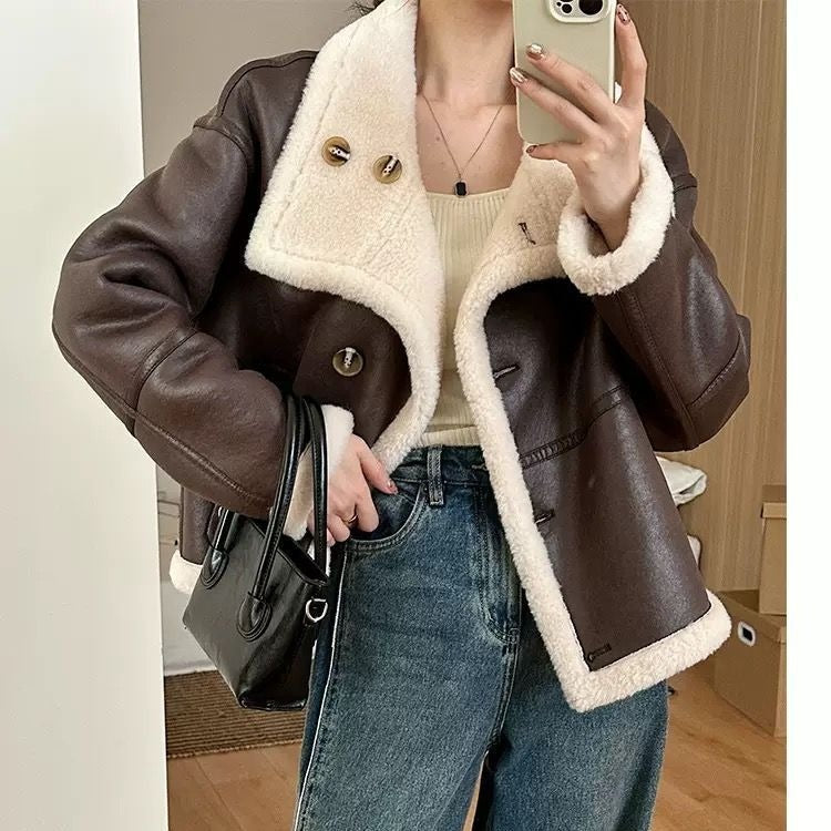 Eco-leather Inner Wool Grain Leather Grass Coat GO buy