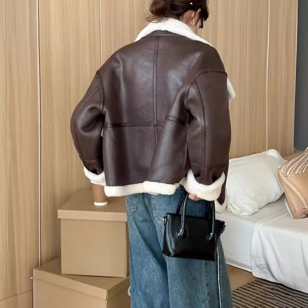 Eco-leather Inner Wool Grain Leather Grass Coat GO buy