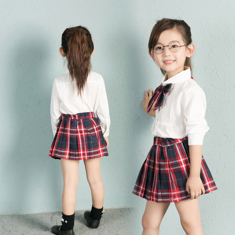 Solid Color Shirt Plus Plaid Skirt GO buy