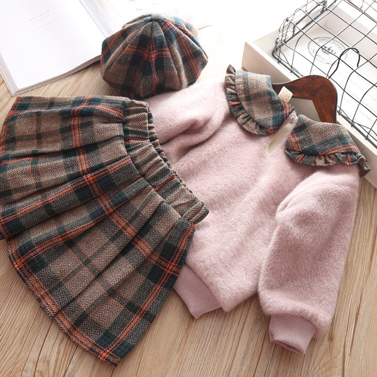 Girls' Stitching Pullover Sweater And Plaid Pleated Skirt Two-piece Suit GO buy
