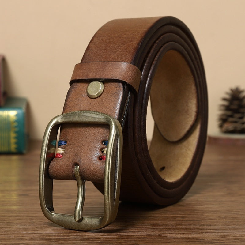 Thick Pure Copper Pin Buckle Male Genuine Cattlehide Leather Surface Retro Belt GO Buy