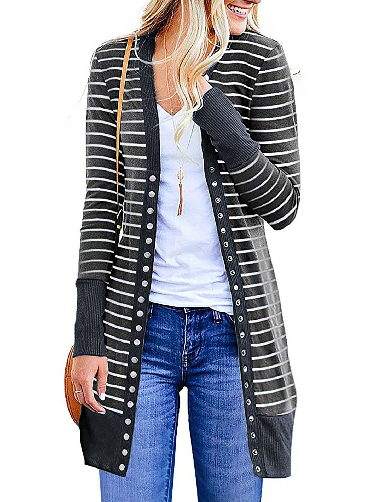 Autumn And Winter Plus Size Women's Fashionable Mid-length Button Striped Cardigan Gobuy Fashion