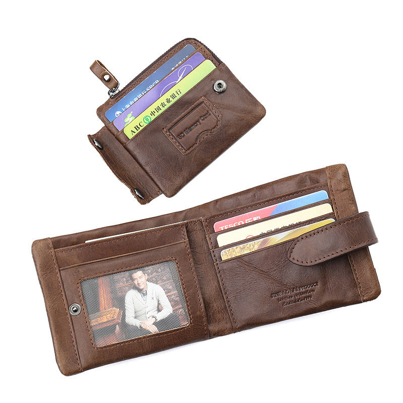 First Layer Cowhide Men's Wallet Vintage Zipper Buckle Leather Short Wallet GO Buy
