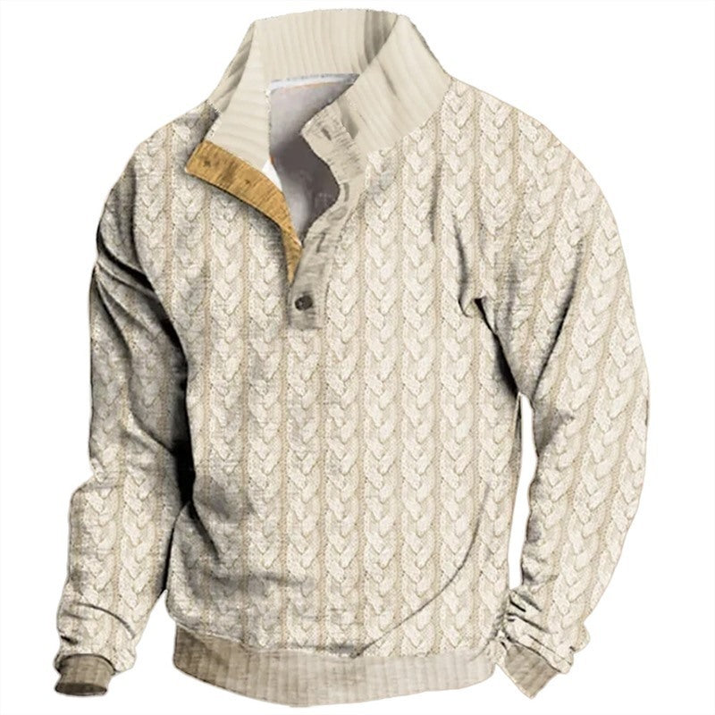 Retro Digital Printing Button Henry Collar Long Sleeve GO Buy