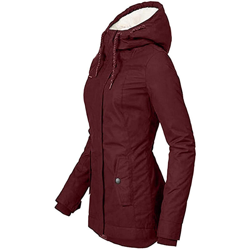 Solid Color Pocket Long-sleeve Zipper Fleece Padded Coat Women GO buy