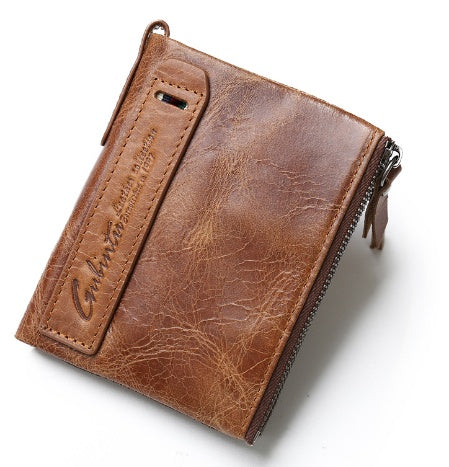 Black Angel Leather Men's Wallet Short Fashion Coin Purse Crazy Horse Cowhide Double Zipper Wallet GO Buy