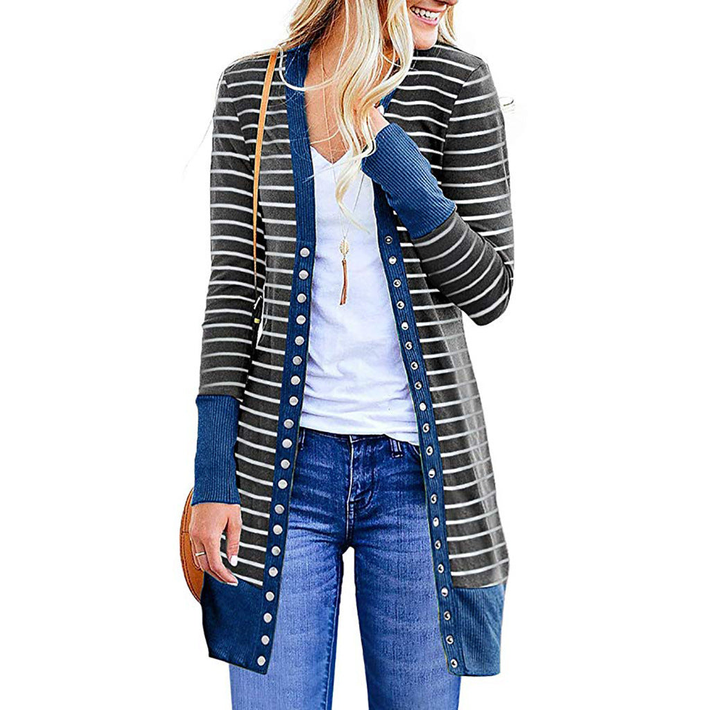 Autumn And Winter Plus Size Women's Fashionable Mid-length Button Striped Cardigan Gobuy Fashion