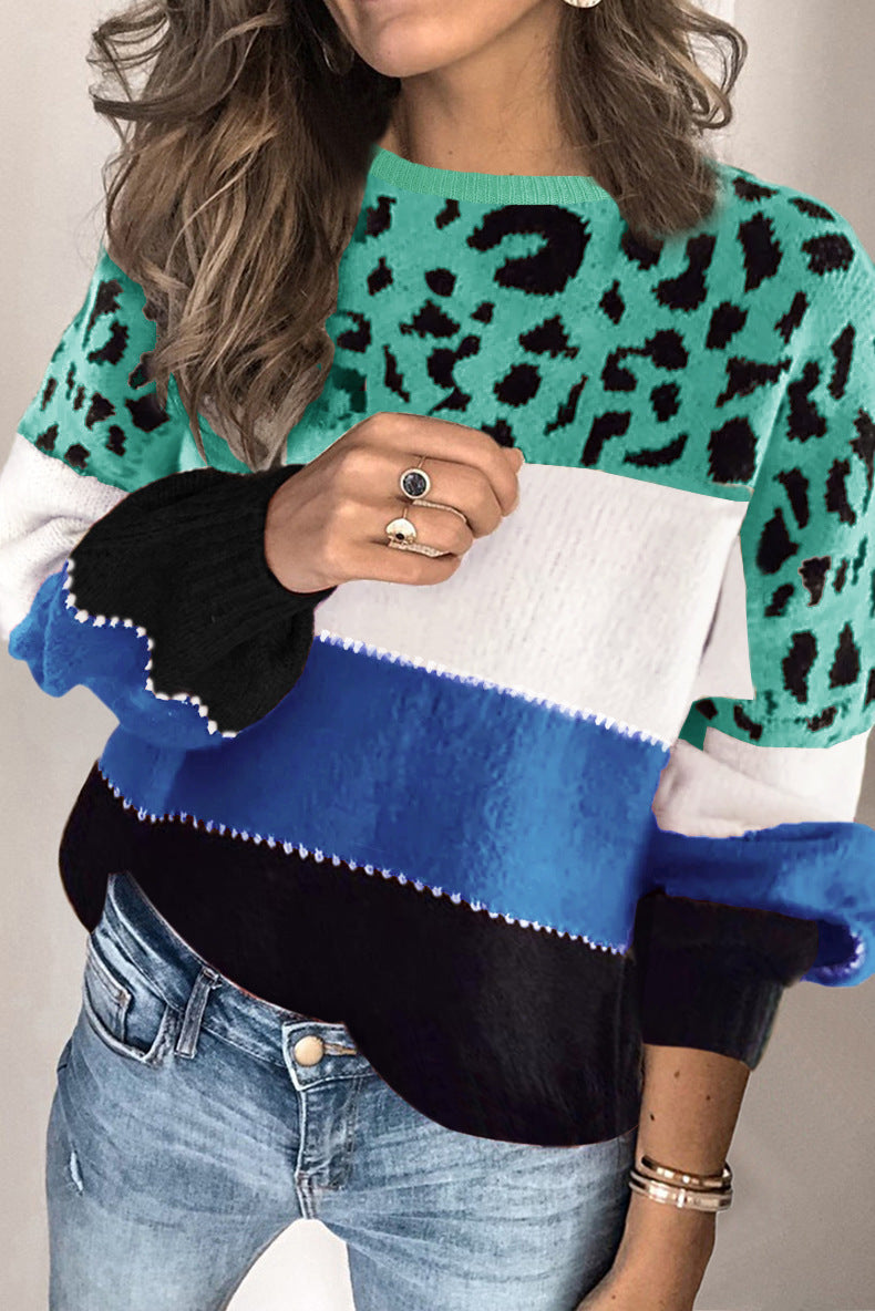 European And American Stitching Leopard Print Plus Size Crew Neck Pullover Sweater GO buy