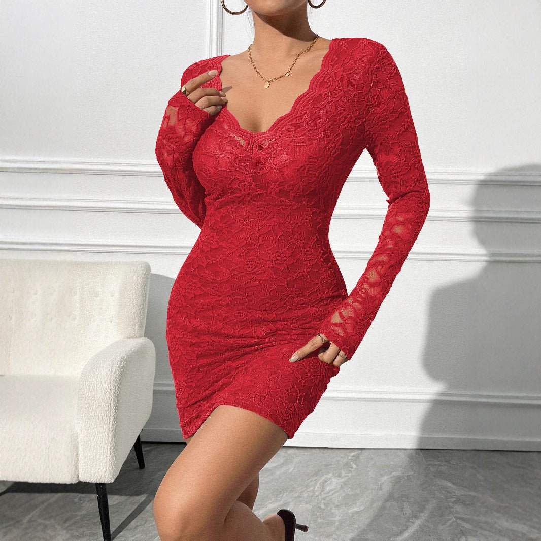 European And American Ladies V - neck Sexy Lace Slim Long Sleeve Dress Party - Gobuy Fashion
