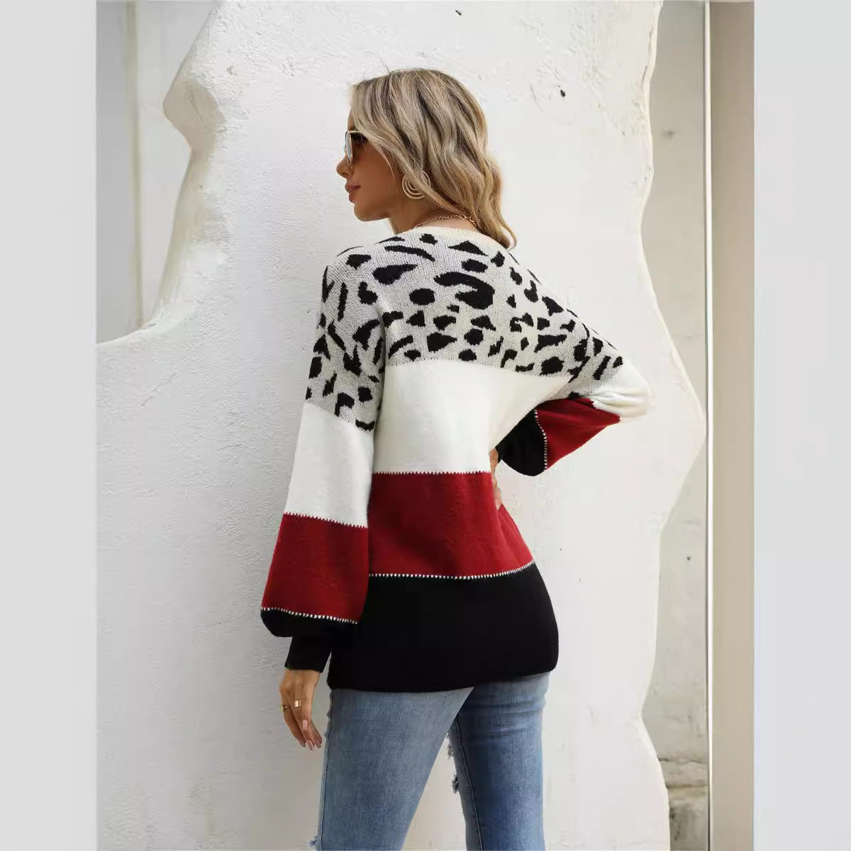 European And American Stitching Leopard Print Plus Size Crew Neck Pullover Sweater GO buy