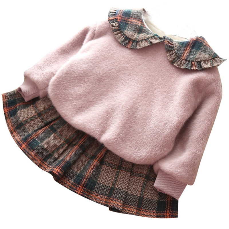 Girls' Stitching Pullover Sweater And Plaid Pleated Skirt Two-piece Suit GO buy