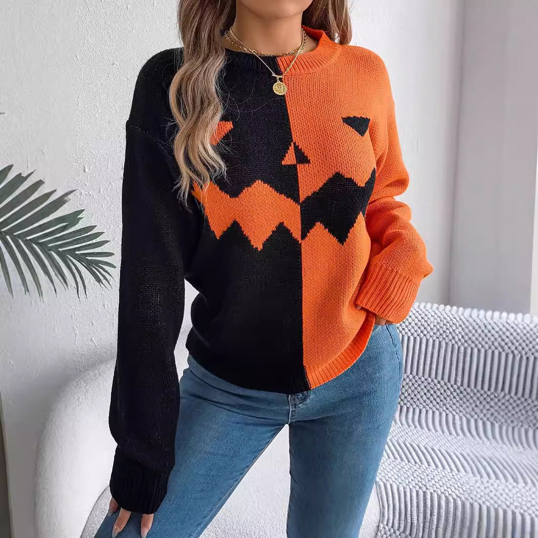 Halloween Contrast-color Pullover Sweater Fashion Long Sleeve Knitted Tops For Womens Clothing GO buy