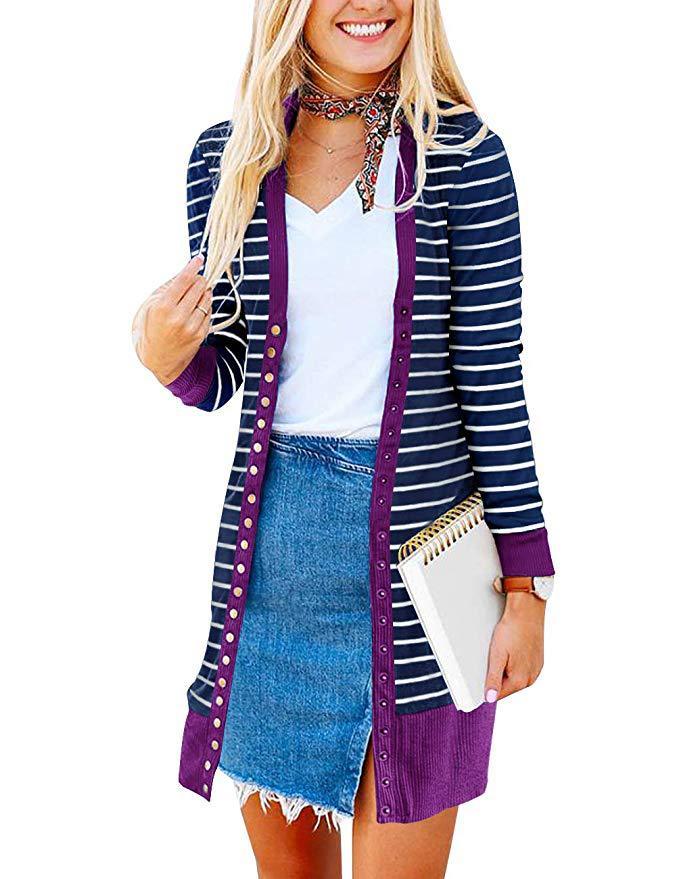 Autumn And Winter Plus Size Women's Fashionable Mid-length Button Striped Cardigan Gobuy Fashion