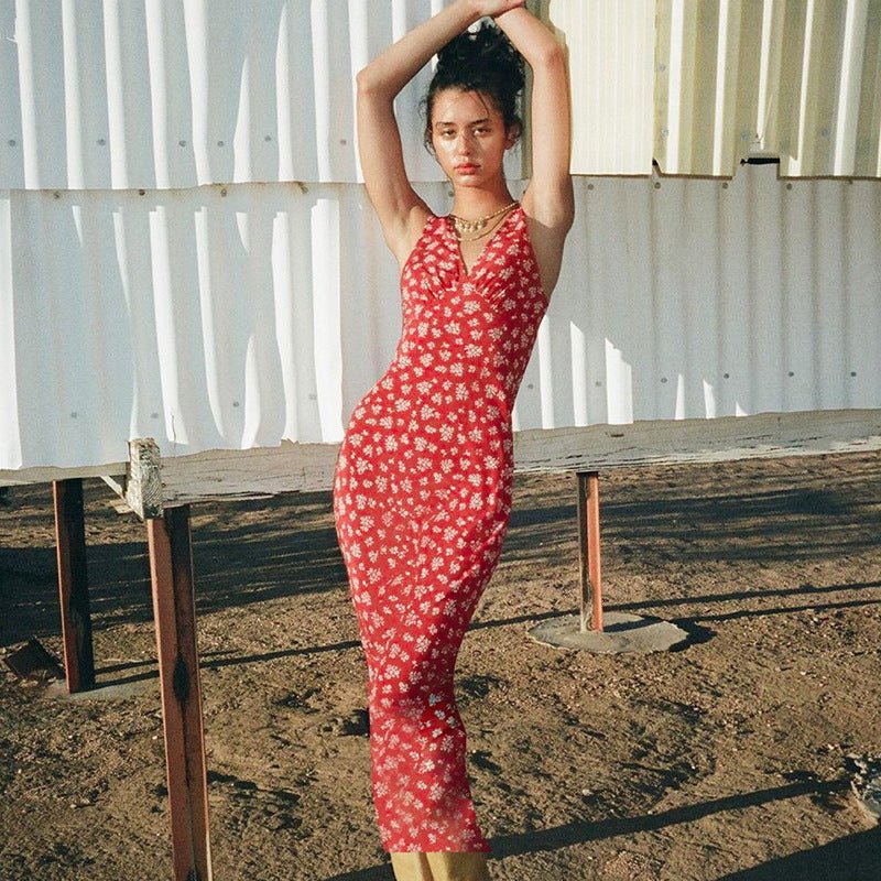 French Romantic Style Printing Deep V Sexy Fashion Floral Dress - Gobuy Fashion