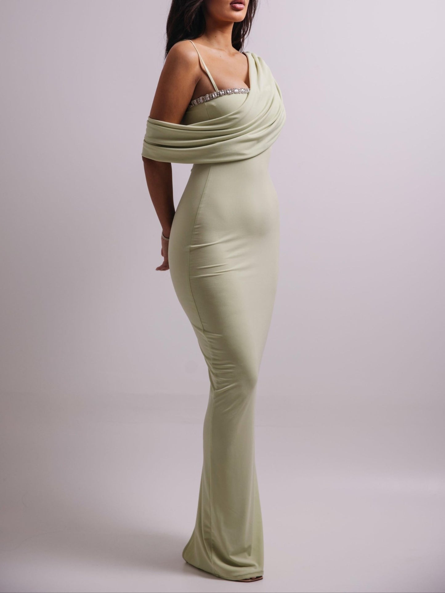 Light Green Off - The - Shoulder Rhinestone Bodycon Dress - Gobuy Fashion