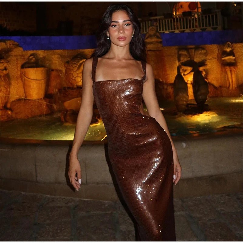 Personality Street Sequined Square Collar Sling Party Dress - Gobuy Fashion