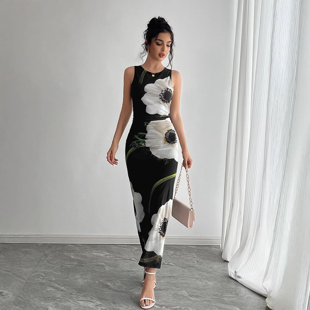 Women's Black Mesh Floral Print Sleeveless Dress Long Dress - Gobuy Fashion