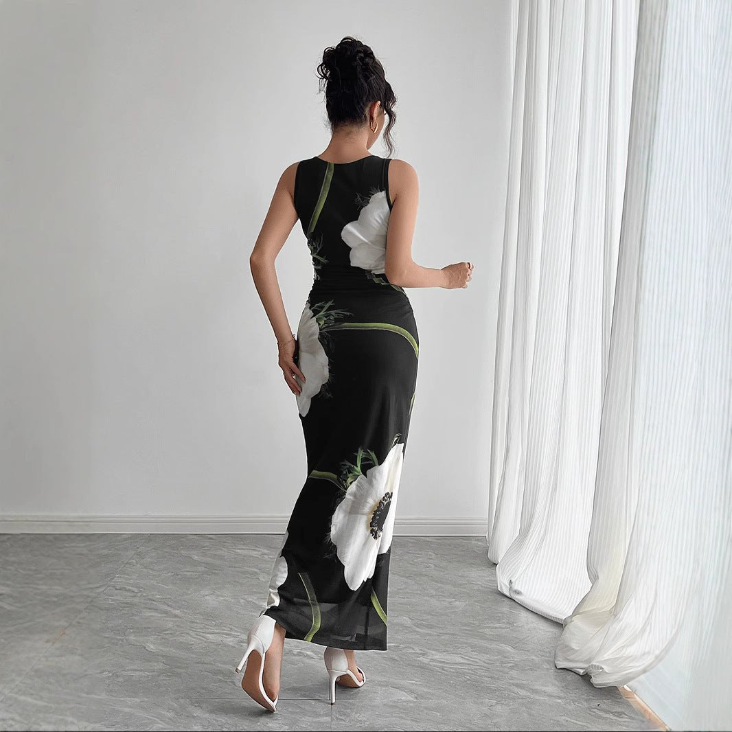 Women's Black Mesh Floral Print Sleeveless Dress Long Dress - Gobuy Fashion