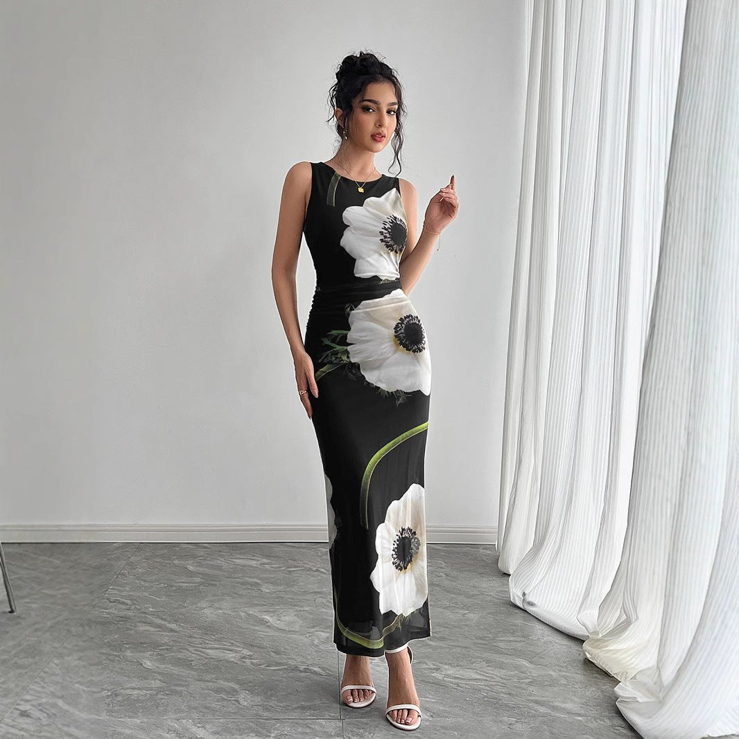 Women's Black Mesh Floral Print Sleeveless Dress Long Dress - Gobuy Fashion