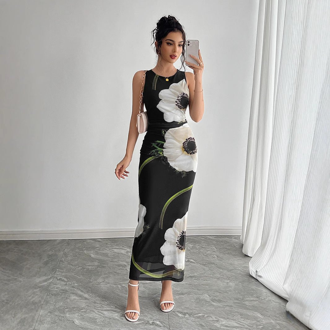 Women's Black Mesh Floral Print Sleeveless Dress Long Dress - Gobuy Fashion