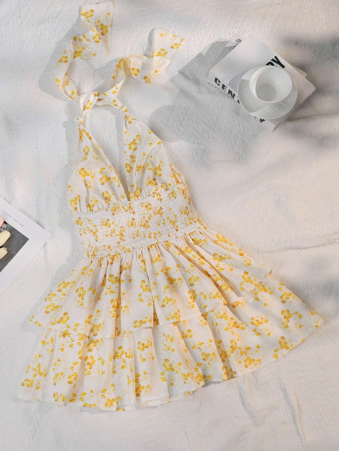 Women's Holiday Floral Flounce Halterneck With Suspenders Backless Dress - Gobuy Fashion