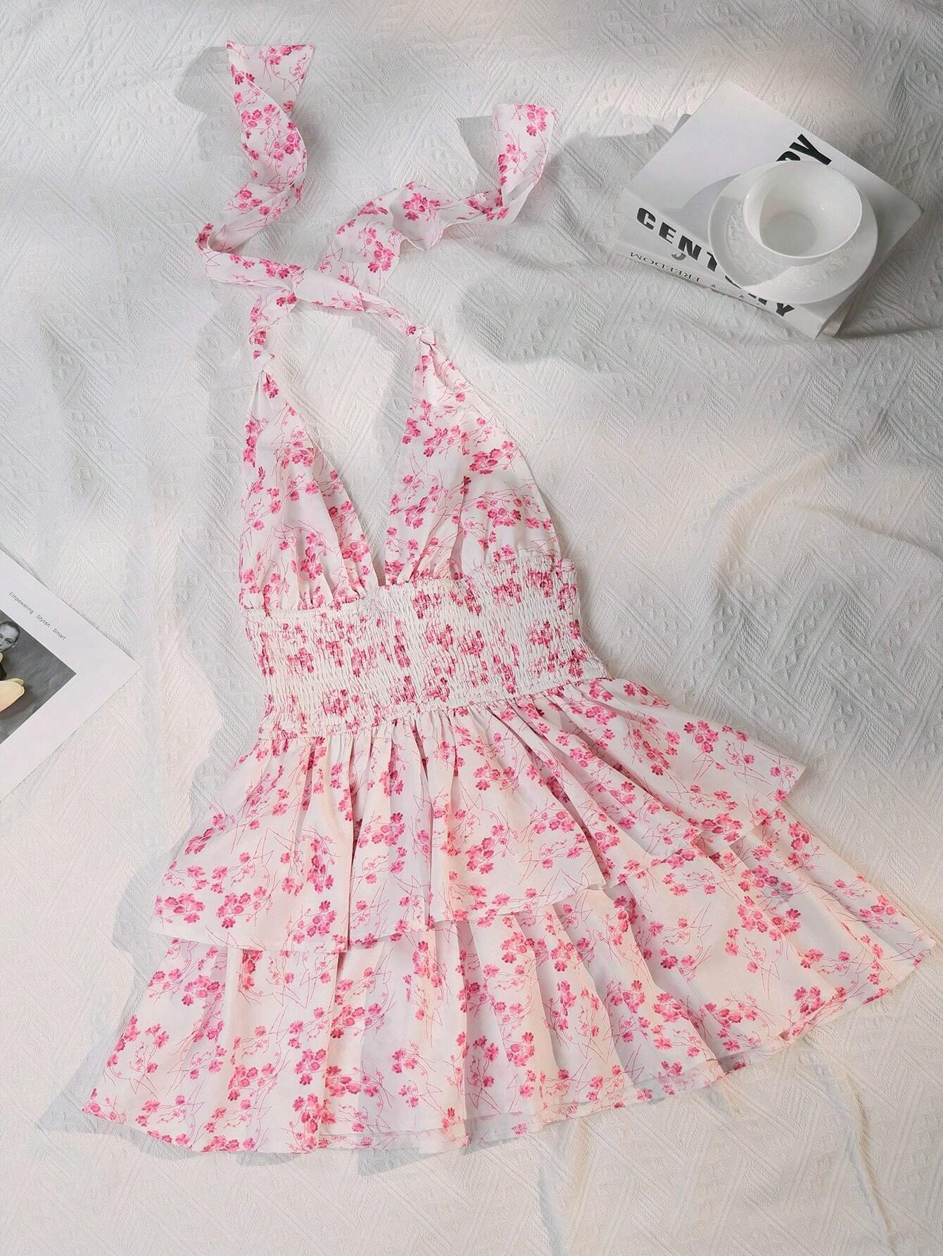 Women's Holiday Floral Flounce Halterneck With Suspenders Backless Dress - Gobuy Fashion