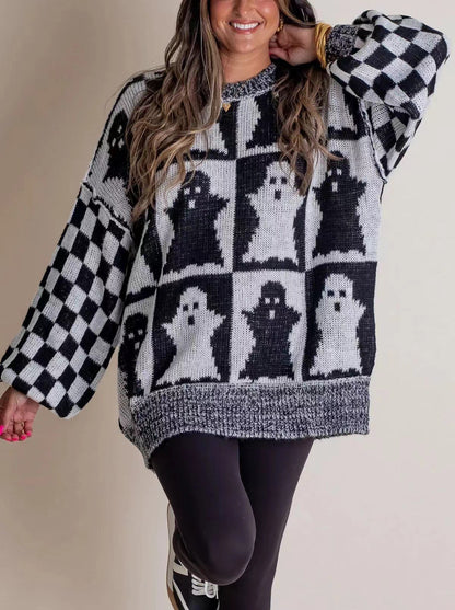 Halloween Cartoon Pumpkin Ghost Sweater Winter Loose Pullover Knitted Top Fashion Women's Clothing GO buy