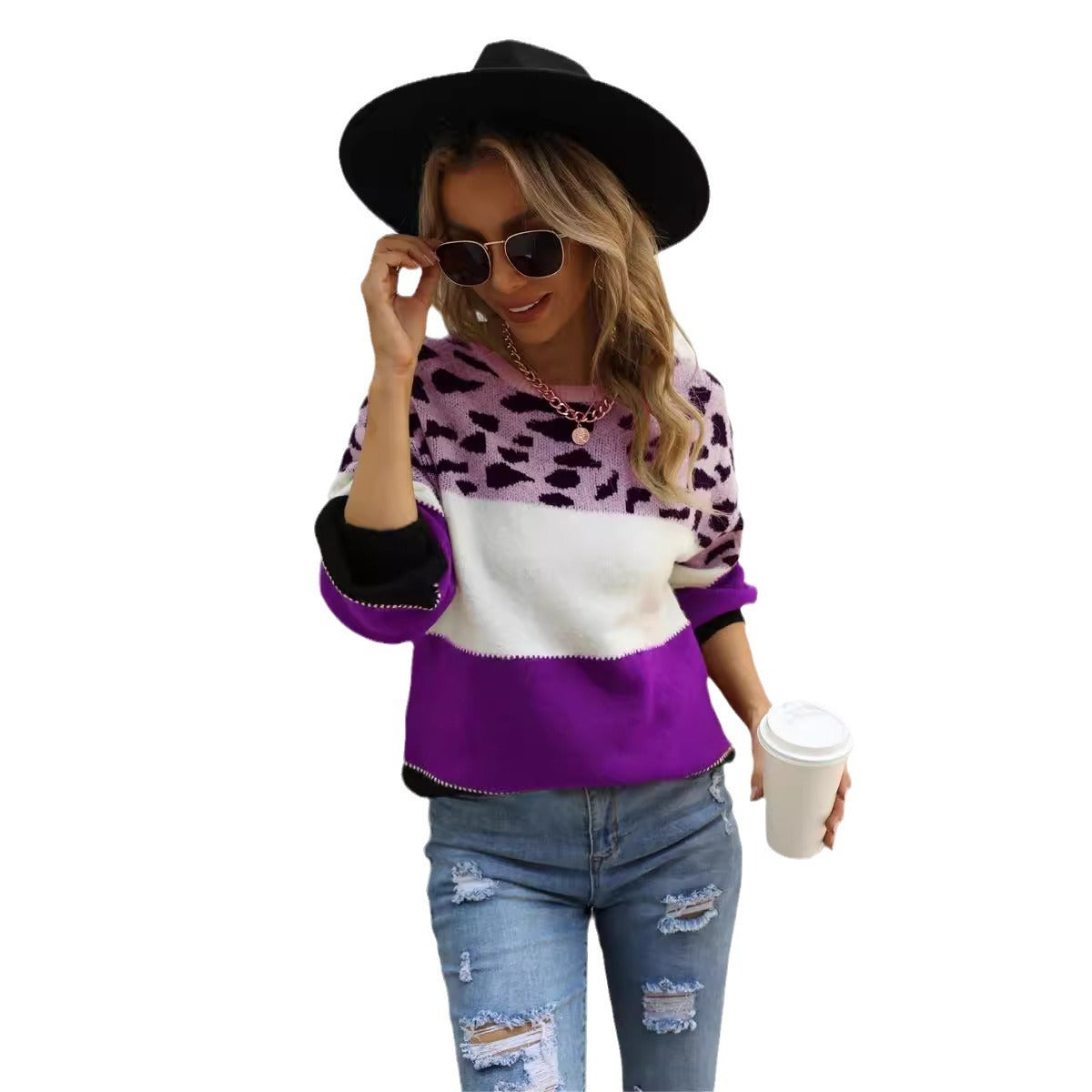 European And American Stitching Leopard Print Plus Size Crew Neck Pullover Sweater GO buy