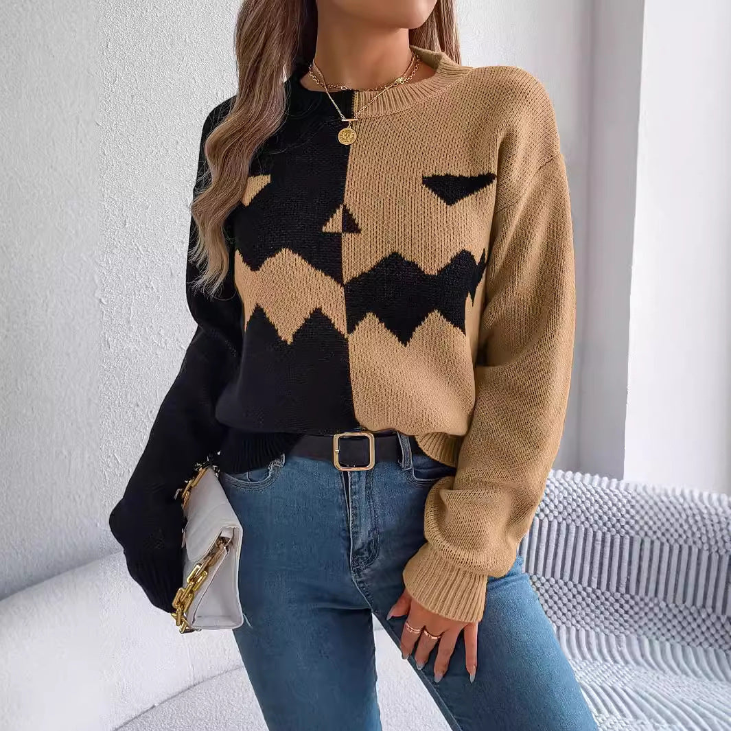Halloween Contrast-color Pullover Sweater Fashion Long Sleeve Knitted Tops For Womens Clothing GO buy