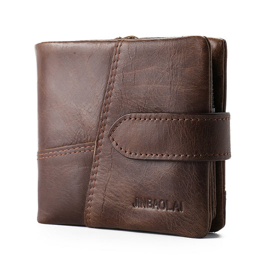 First Layer Cowhide Men's Wallet Vintage Zipper Buckle Leather Short Wallet GO Buy