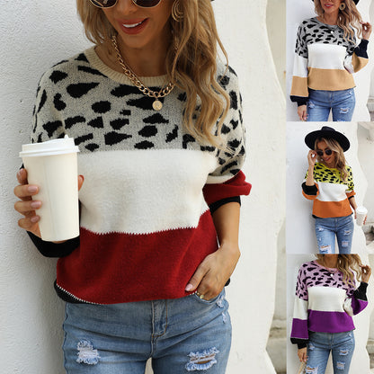 European And American Stitching Leopard Print Plus Size Crew Neck Pullover Sweater GO buy
